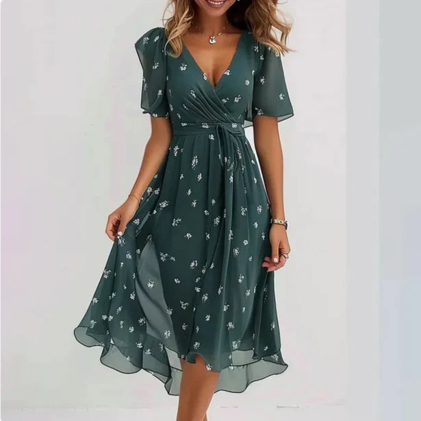 Lenaria Damesjurk – Elegante Midi-jurk met V-hals & Ademend Stof voor Dagelijks Gebruik