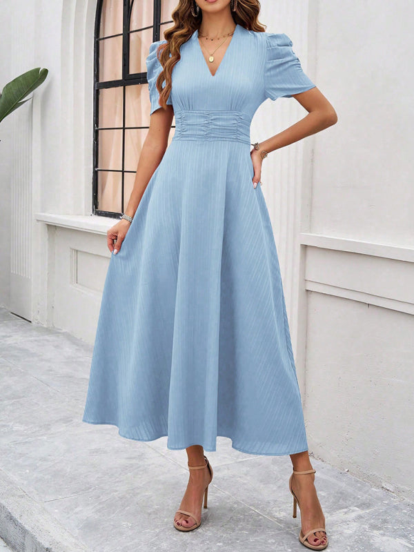 Clara Robe Midi Woman – V-Neck, Puff Sleeves & A-Line Cut for Weddings & Events