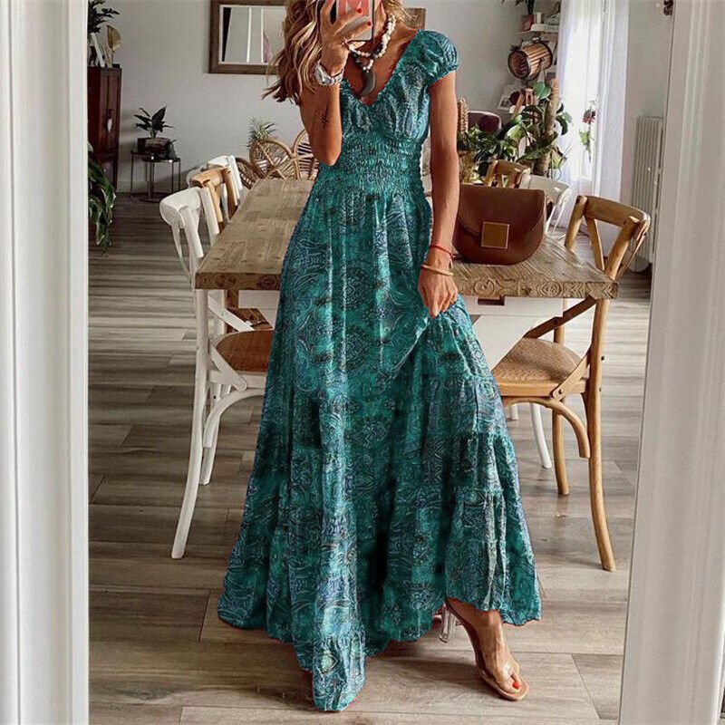 Lilliana Lange Damesjurk – Maxi Bloemenjurk met Ruches Rok & Elegante Boheemse Stijl