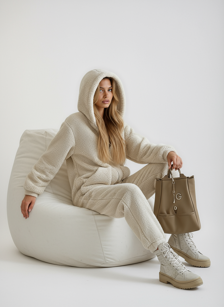 Madelyn Loungewear-sett for kvinner i Teddy-fleece – Ultra-mykt, ledig passform med koselig design i beige