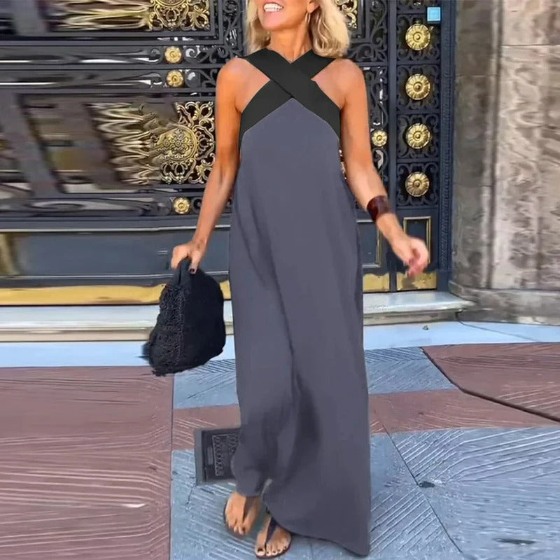 Sienna Long Dress Woman – Elegant Summer Dress with Crossed Straps & Casual Cut