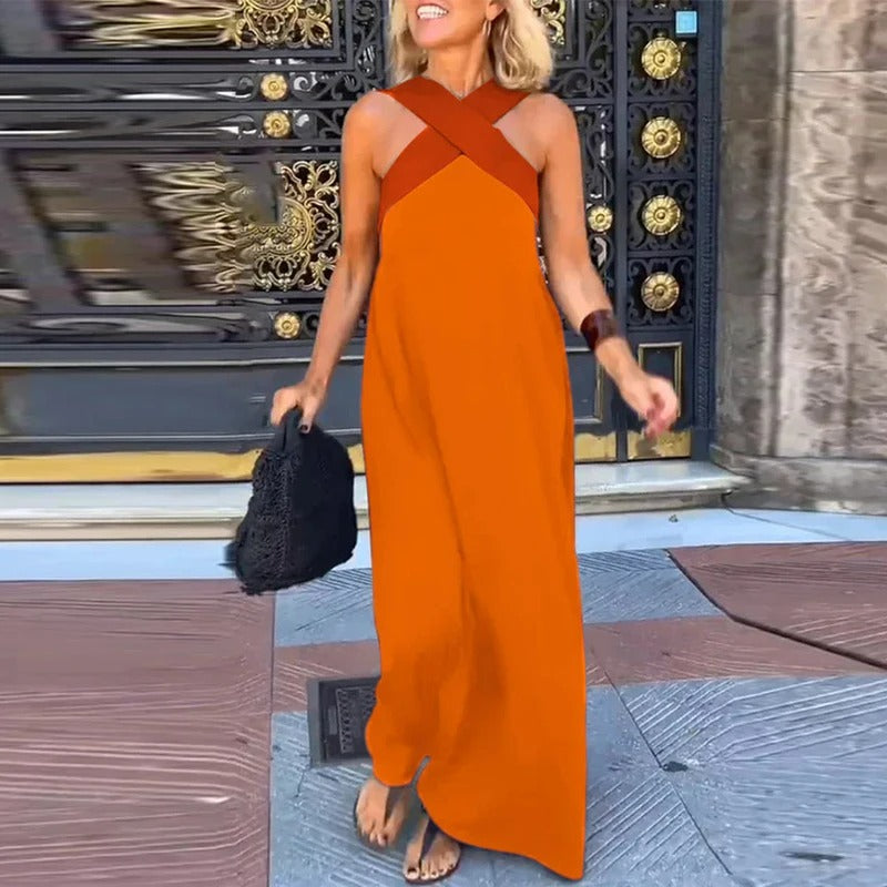 Sienna Long Dress Woman – Elegant Summer Dress with Crossed Straps & Casual Cut