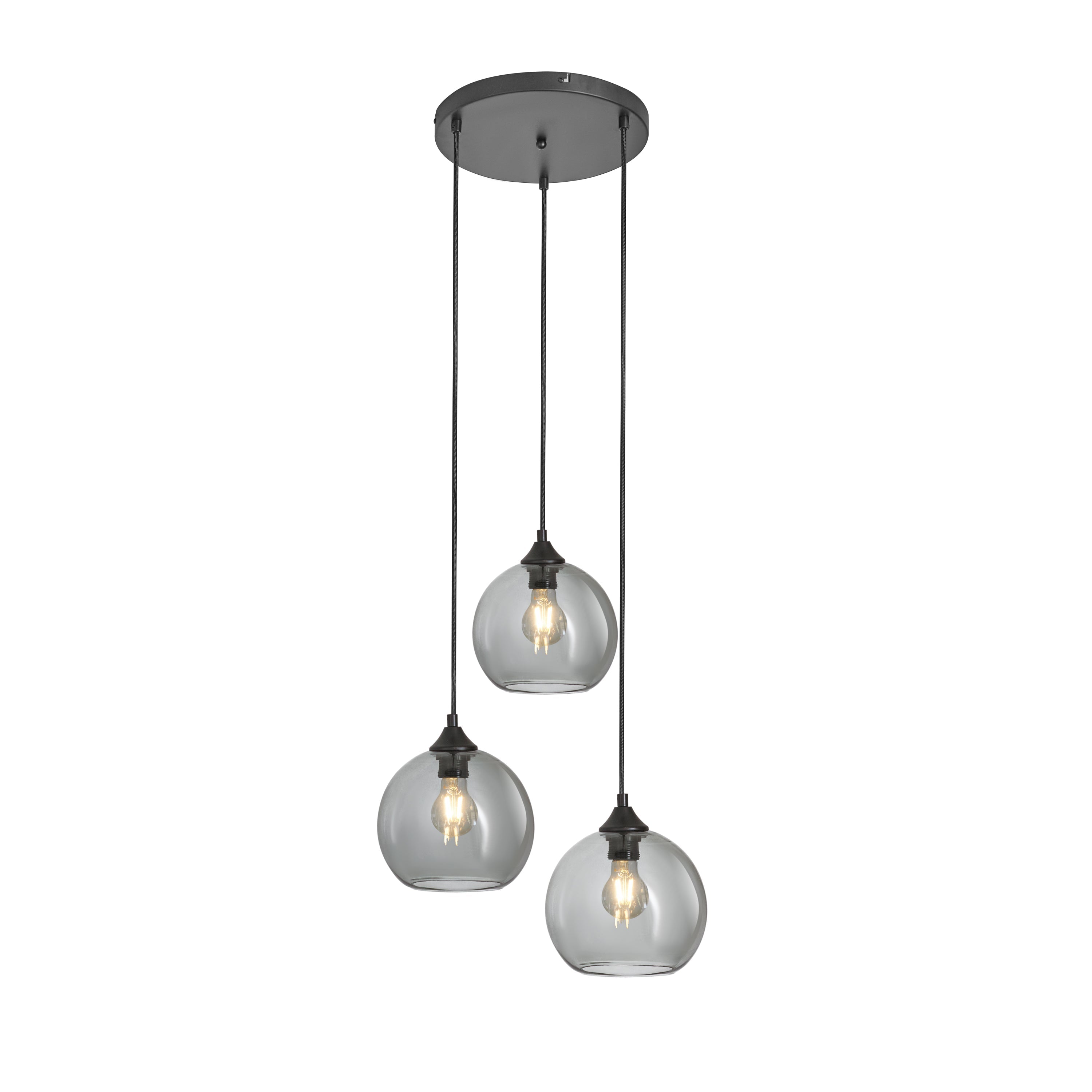 Závěsná lampa 3-bodová koule kouřové sklo černá industriální obývací pokoj jídelna LED