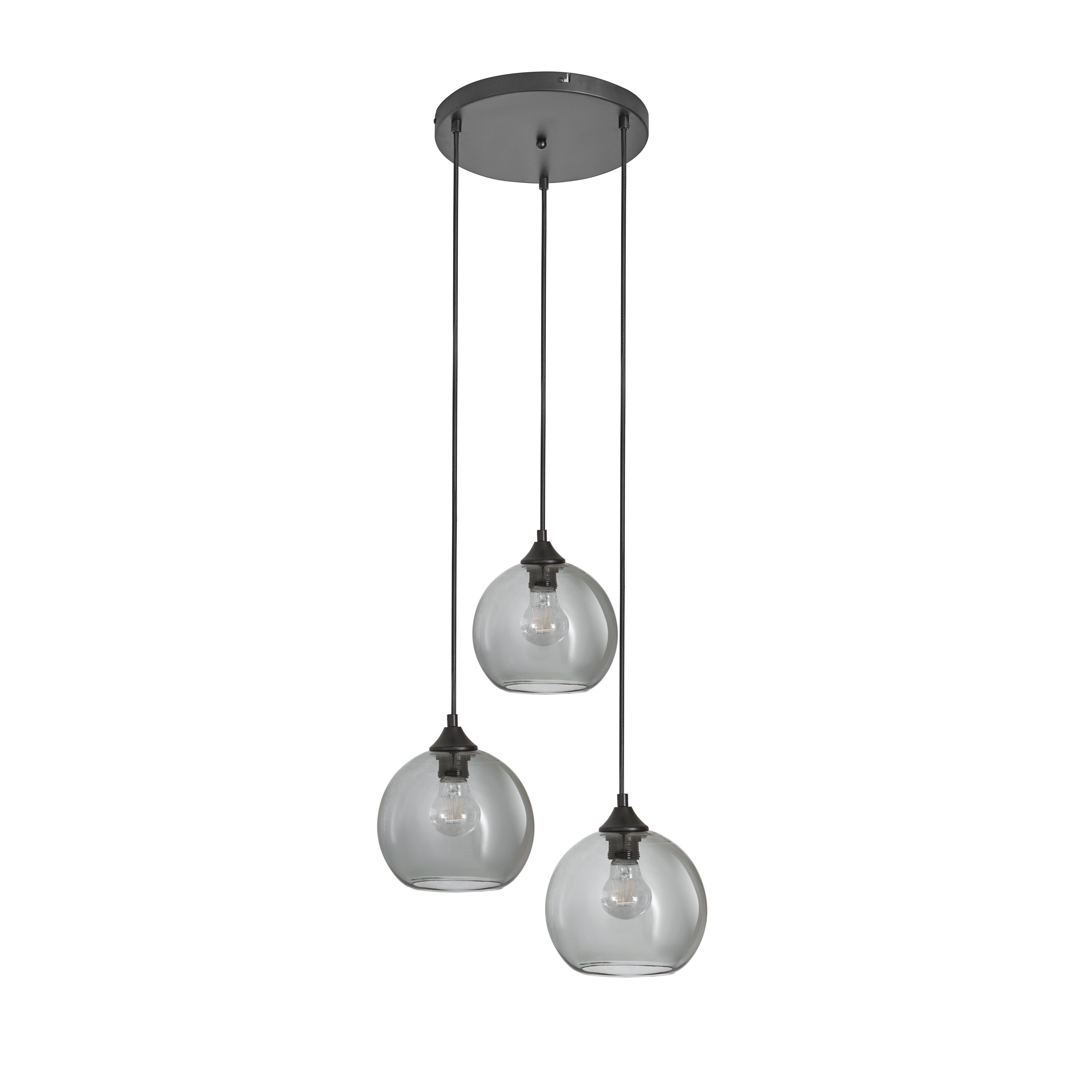 Závěsná lampa 3-bodová koule kouřové sklo černá industriální obývací pokoj jídelna LED