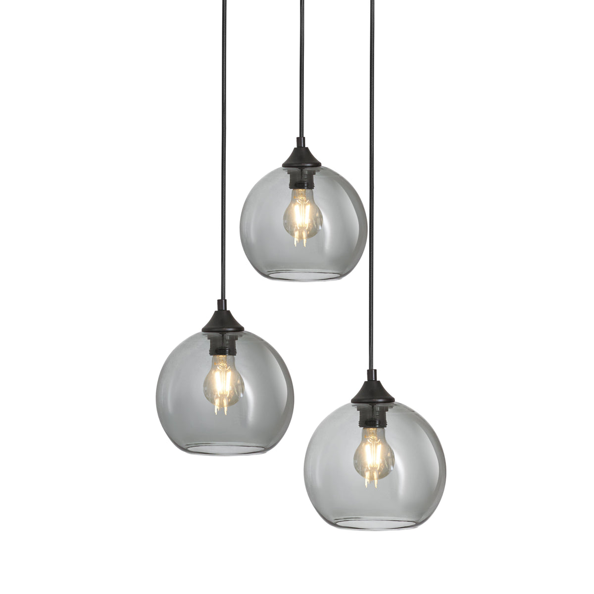 Závěsná lampa 3-bodová koule kouřové sklo černá industriální obývací pokoj jídelna LED