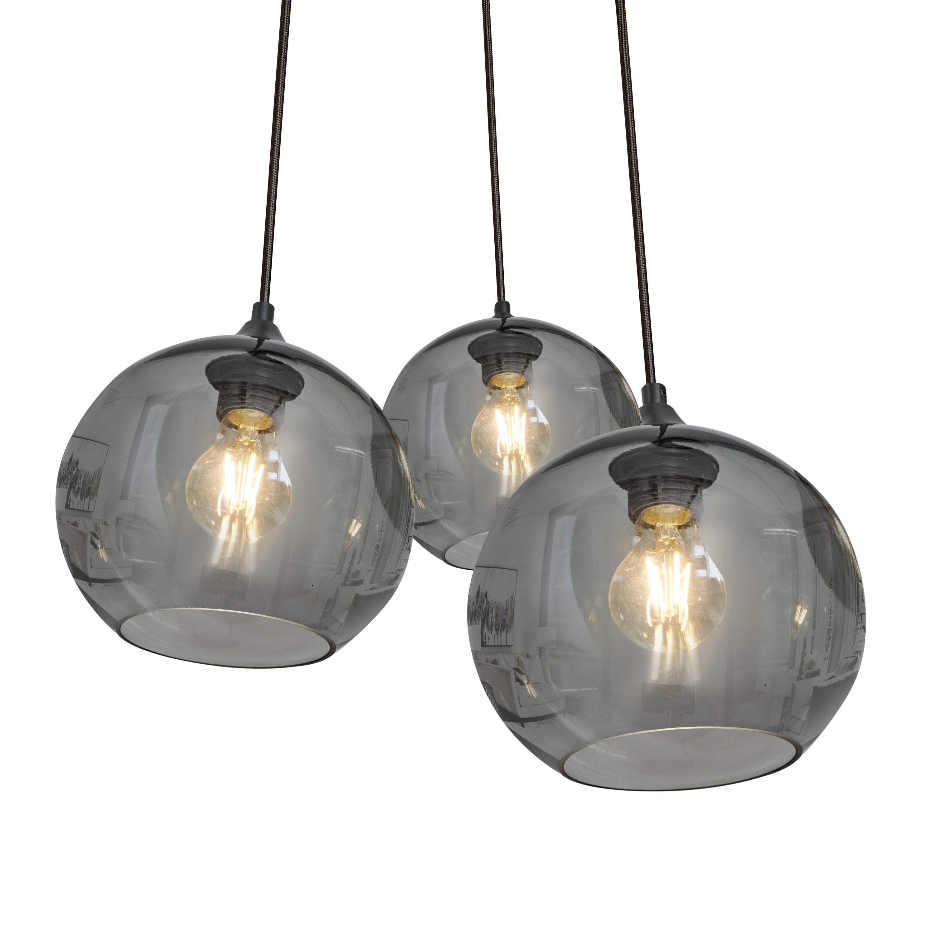 Závěsná lampa 3-bodová koule kouřové sklo černá industriální obývací pokoj jídelna LED